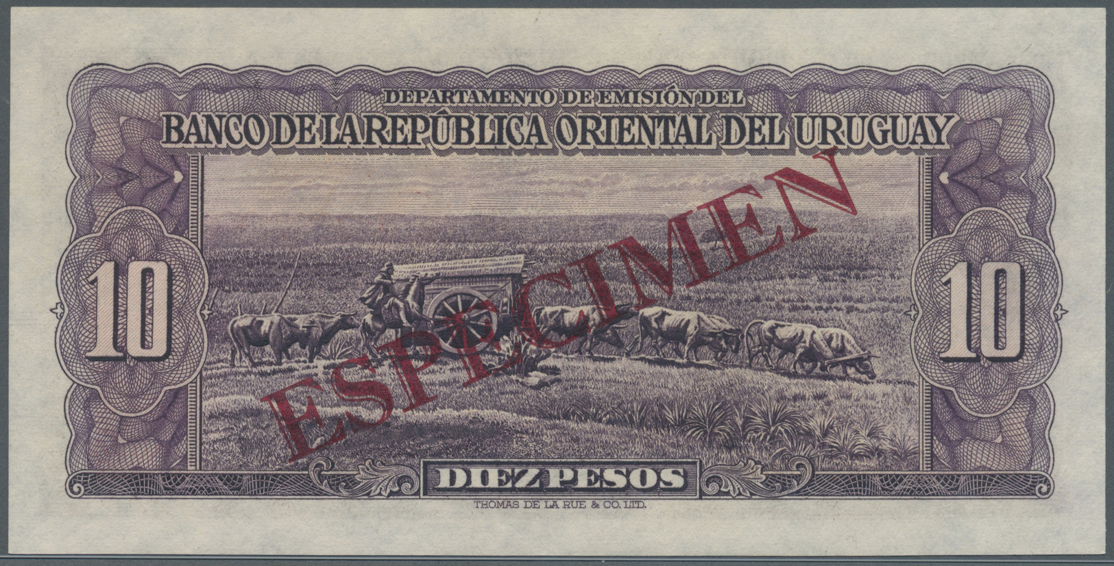 03470 Uruguay: 10 Pesos 1939 Specimen P. 37s, Zero Serial Numbers, Red Specimen Overprint, Condition: UNC. - Uruguay