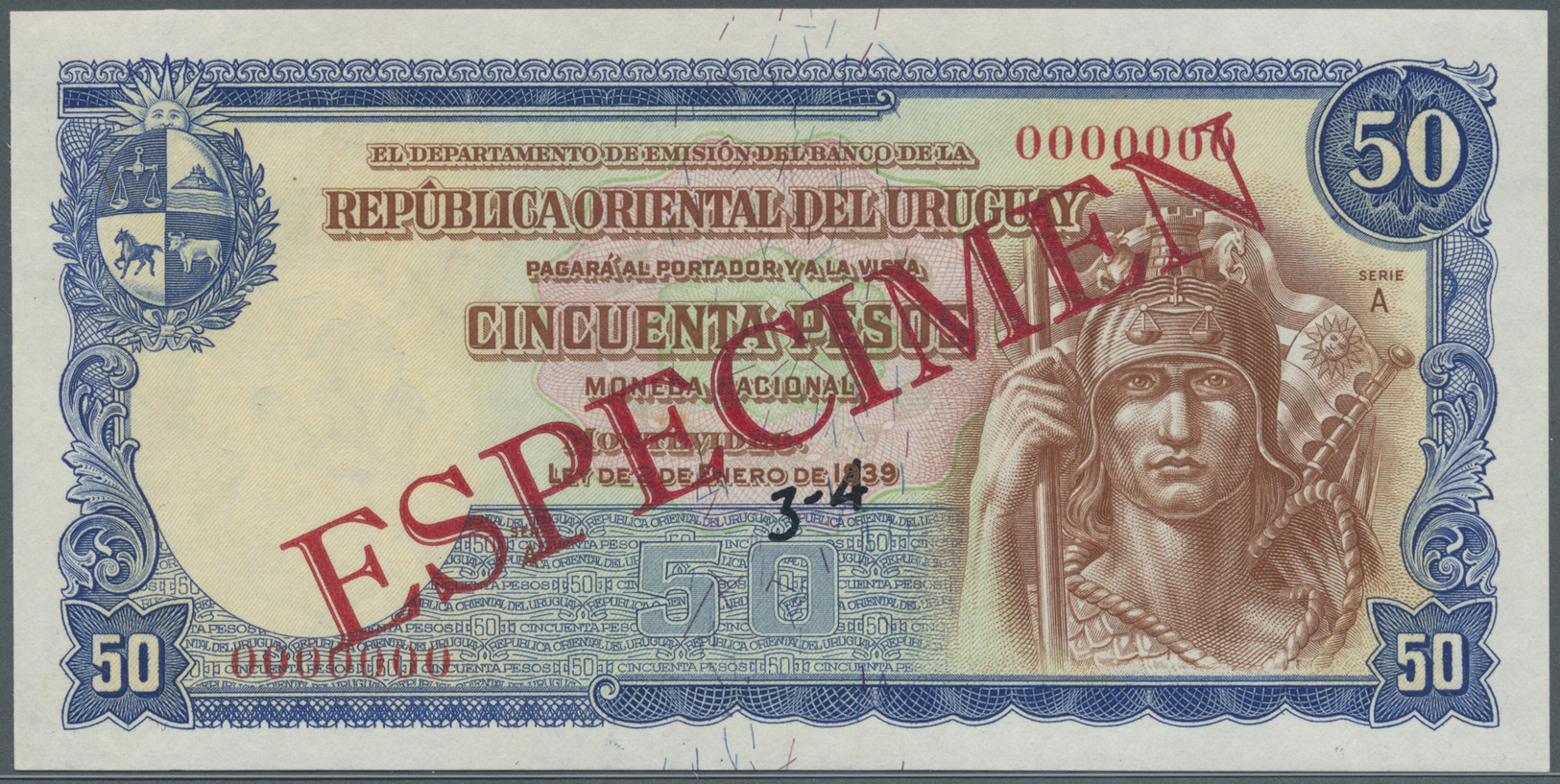 03471 Uruguay: 50 Pesos 1939 Specimen P. 38s, Zero Serial Numbers, Red Specimen Overprint, Light Handling In Paper, Cond - Uruguay