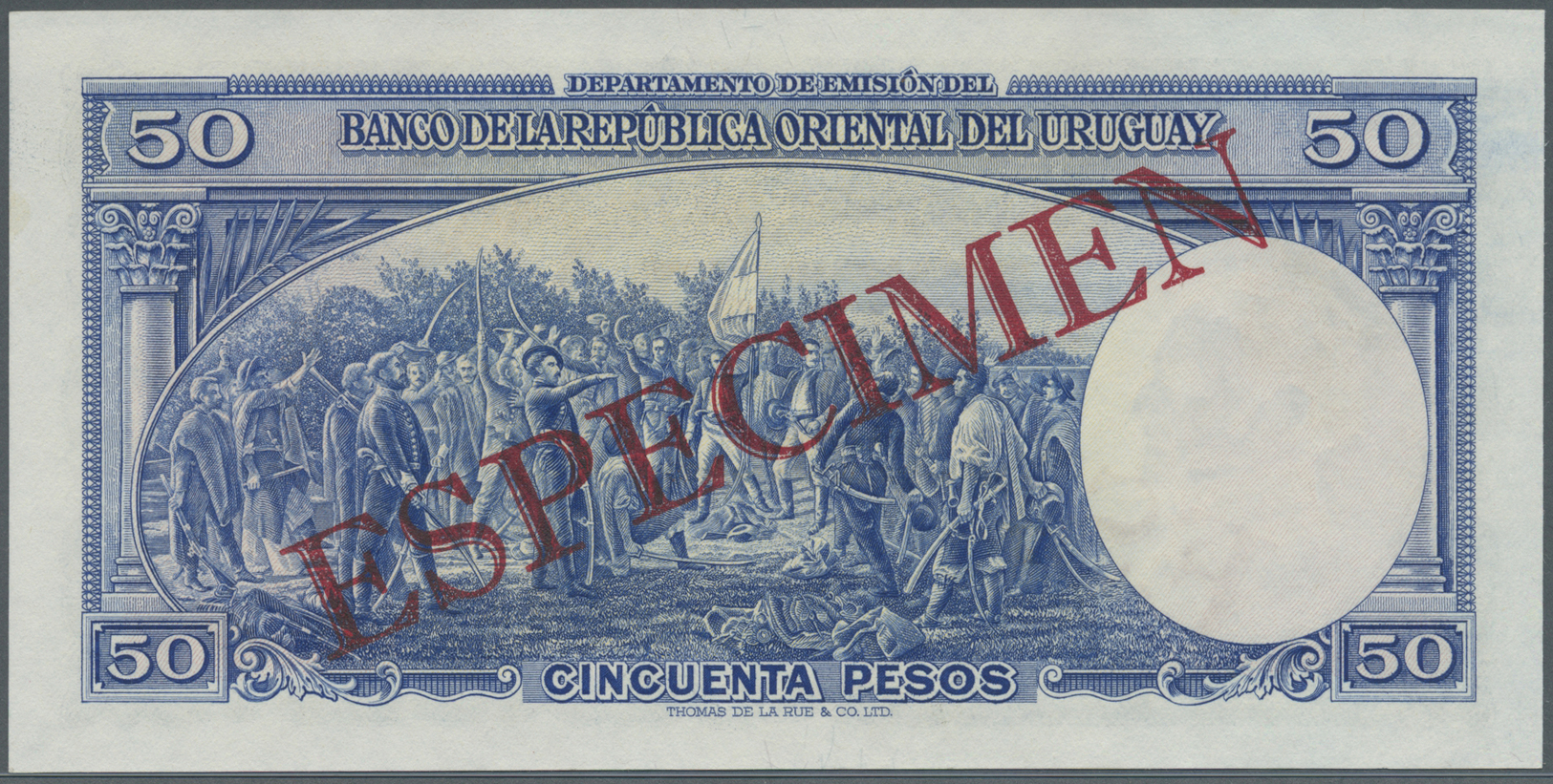 03471 Uruguay: 50 Pesos 1939 Specimen P. 38s, Zero Serial Numbers, Red Specimen Overprint, Light Handling In Paper, Cond - Uruguay