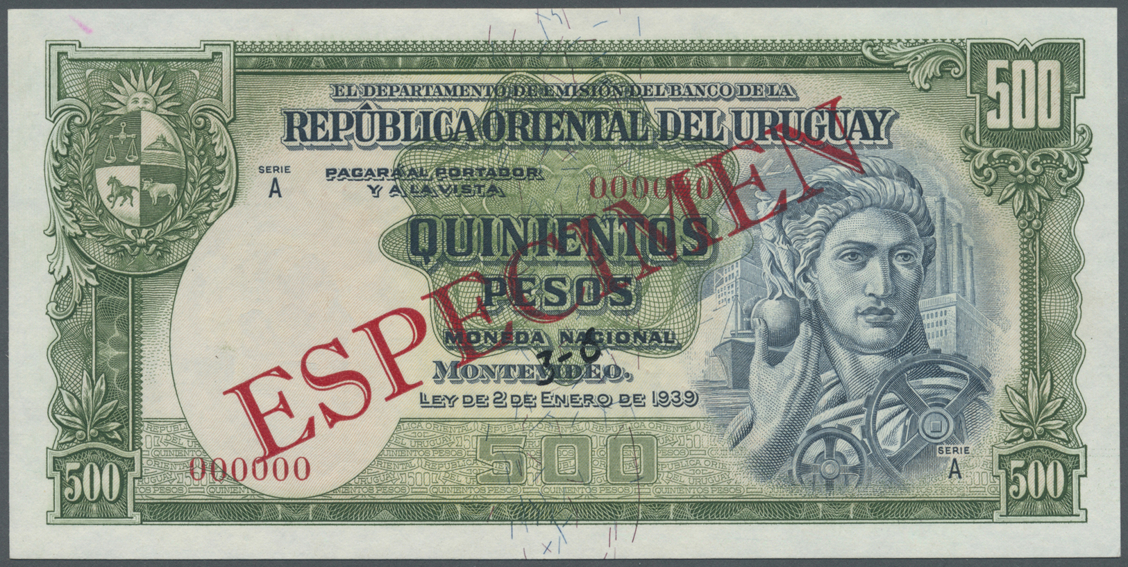 03473 Uruguay: 500 Pesos 1939 Specimen P. 40s, Zero Serial Numbers, Red Specimen Overprint, Light Handling In Paper, Con - Uruguay