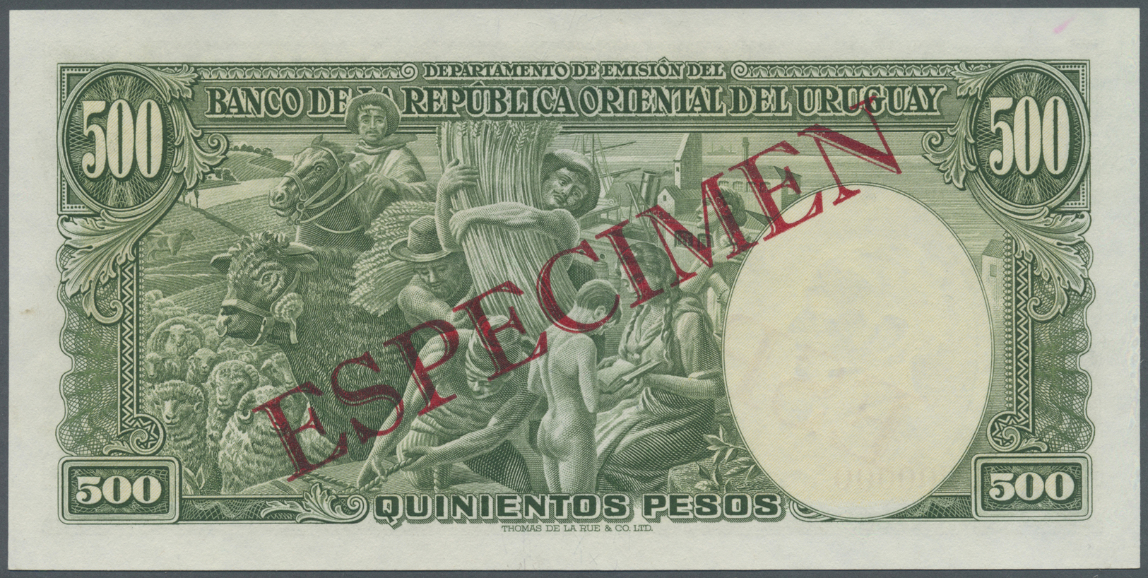 03473 Uruguay: 500 Pesos 1939 Specimen P. 40s, Zero Serial Numbers, Red Specimen Overprint, Light Handling In Paper, Con - Uruguay