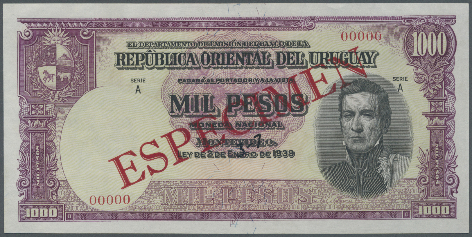 03474 Uruguay: 1000 Pesos 1939 Specimen P. 41s, Zero Serial Numbers, Red Specimen Overprint, Light Handling In Paper, Co - Uruguay