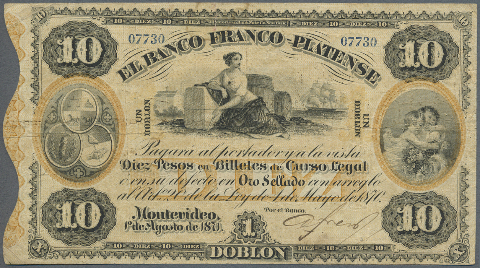03480 Uruguay: El Banco Franco-Platense 1 Doblon = 10 Pesos 1871 P. S172, Used With Folds, No Holes, One 1cm Tear At Upp - Uruguay