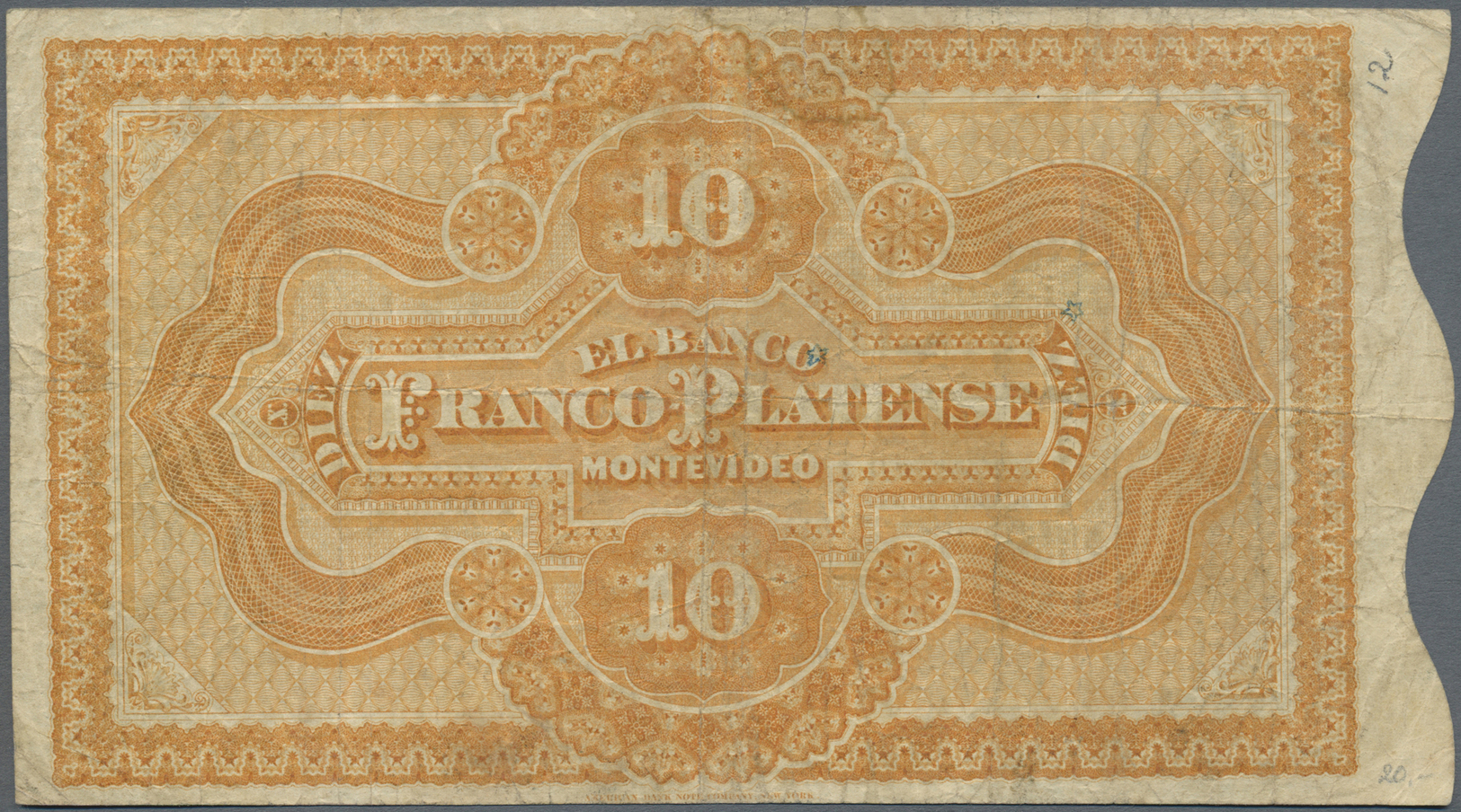 03480 Uruguay: El Banco Franco-Platense 1 Doblon = 10 Pesos 1871 P. S172, Used With Folds, No Holes, One 1cm Tear At Upp - Uruguay
