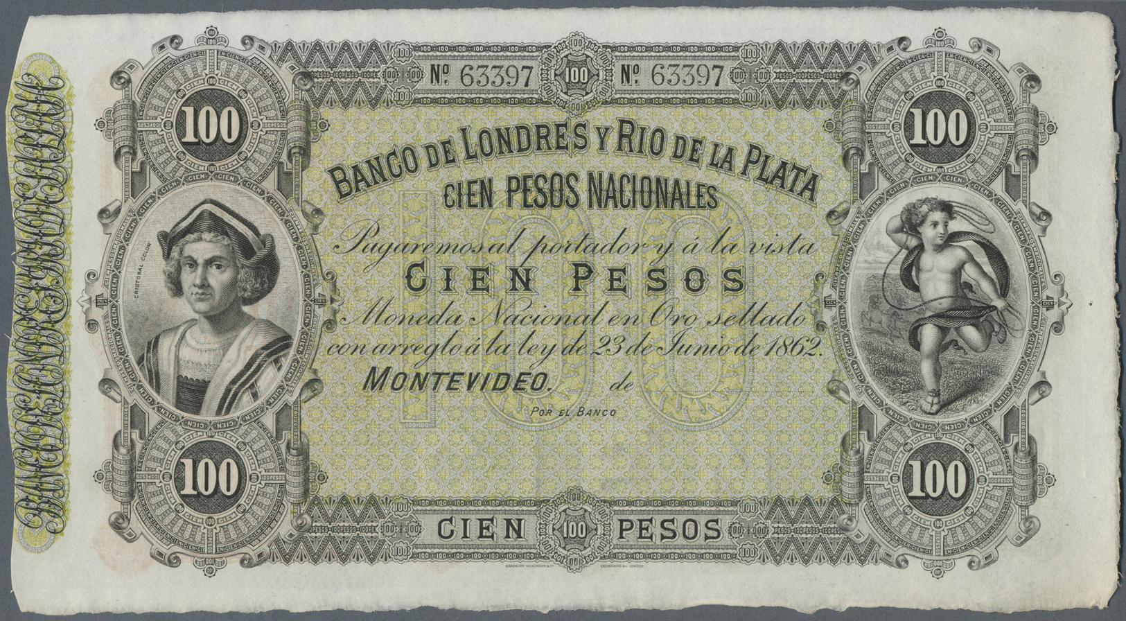 03481 Uruguay: Banco De Londres Y Rio De La Plata 100 Pesos 1862 Unsigned Remainder, P.S245r In Excellent Condition For - Uruguay