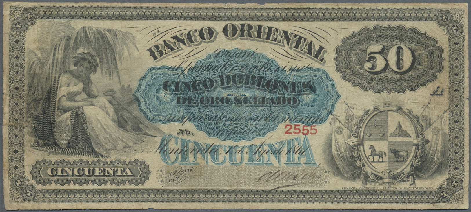 03482 Uruguay: Banco Oriental 5 Doblones De Oro Sellado 1867 P. S387, Stronger Used With Folds And Creases, Stained Pape - Uruguay