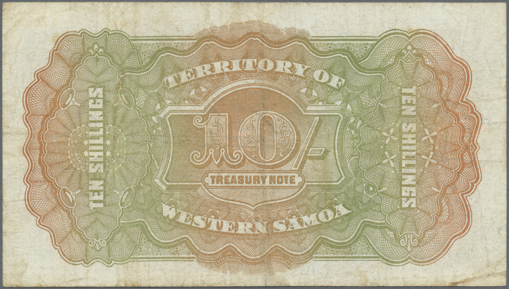 03503 Western Samoa / West-Samoa: 10 Shillings ND P. 7b, Used With Folds And Light Stain In Paper, Pressed But Still Str - Samoa