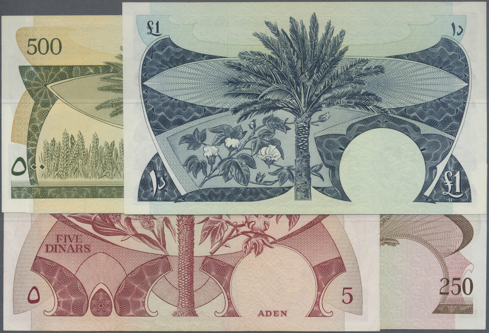 03508 Yemen / Jemen: Set Of 5 Notes Containing 250 Fils ND (XF), 2x 500 Fils ND (aUNC, XF), 5 Dinars ND (XF) And 1 Dinar - Yémen