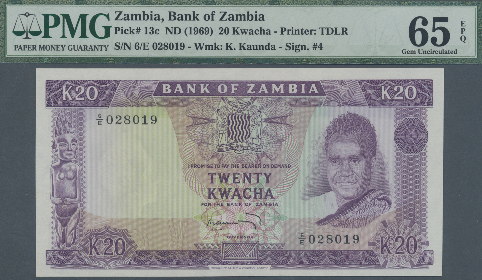03525 Zambia / Sambia: 20 Kwacha ND(1969) P. 13c, PMG Graded 65 Gem UNC EPQ. - Zambie