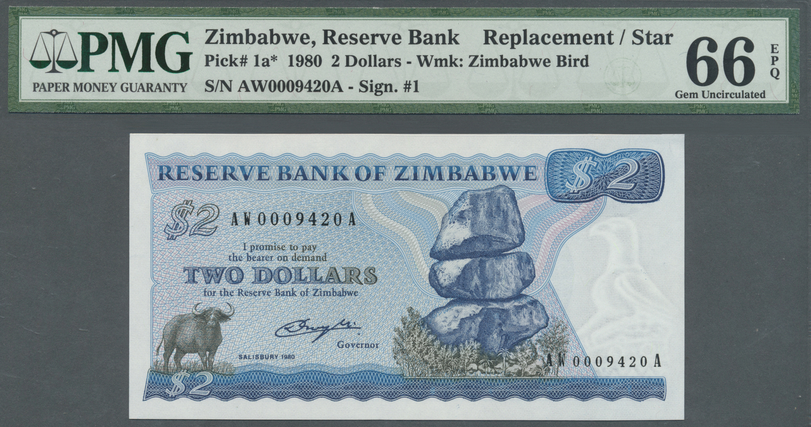 03528 Zimbabwe: 2 Dollar 1980 P. 1a With Replacement Prefix "AW", PMG Graded 66 Gem UNC EPQ. - Zimbabwe