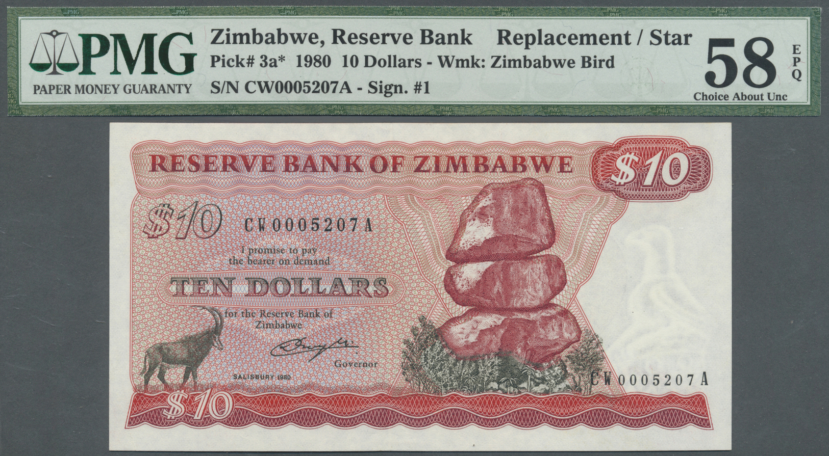 03529 Zimbabwe: 10 Dollar 1980 P. 3a With Replacement Prefix "CW", PMG Graded 58 Choice About UNC. - Zimbabwe