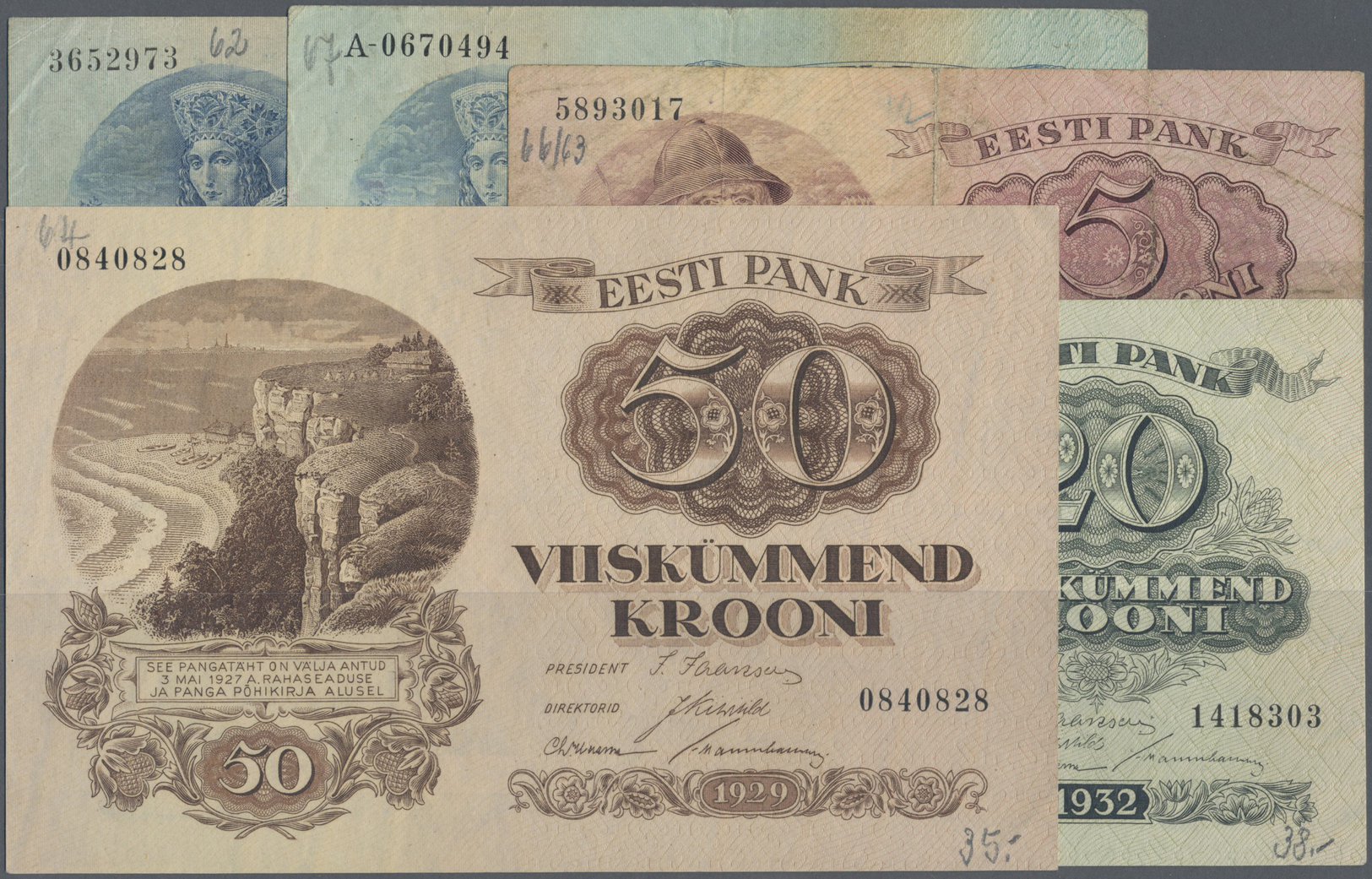 03545 Estonia / Estland: Set With 5 Banknotes Series 1928 Till 1937 Comprising 10 Krooni 1928 (F), 5 Krooni 1929 (F), 50 - Estonie