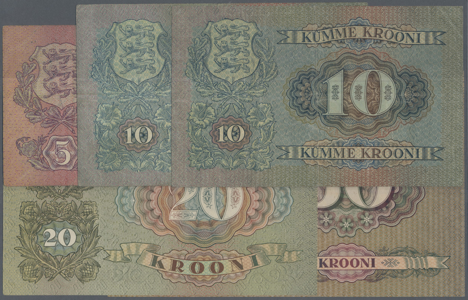 03545 Estonia / Estland: Set With 5 Banknotes Series 1928 Till 1937 Comprising 10 Krooni 1928 (F), 5 Krooni 1929 (F), 50 - Estonie
