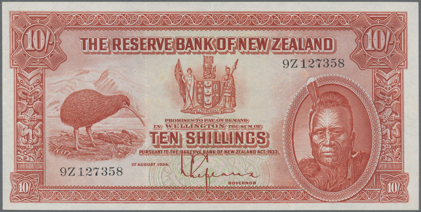 03560 New Zealand / Neuseeland: 10 Shillings 1933 P. 154 In Very Exceptional Condition, With Only A Few Light Folds In P - Nouvelle-Zélande