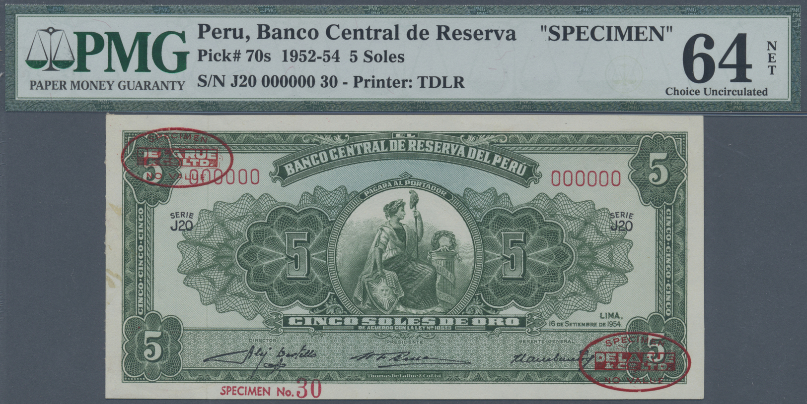 03561 Peru: 5 Soles 1954 Specimen P. 70s, PMG Graded 64 Choice UNC NET. - Pérou