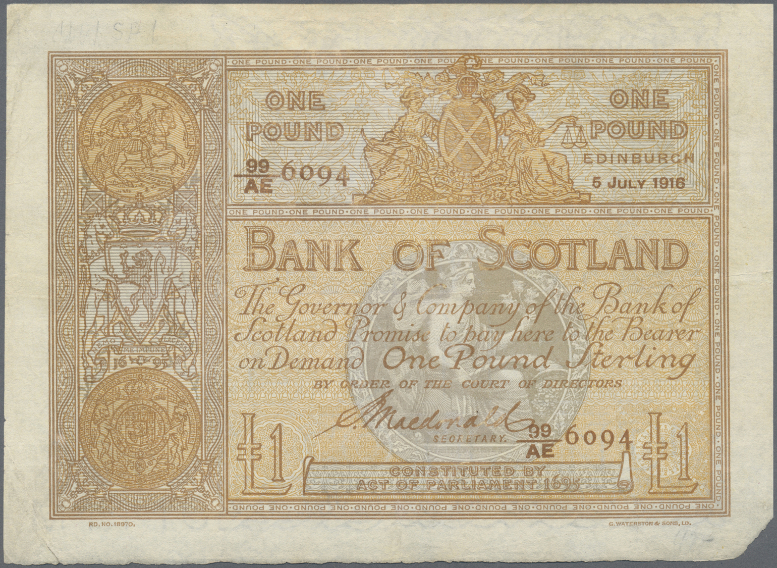 03562 Scotland / Schottland: 1 Pound Bank Of Scotland 1916 With Signature McDonald, P.81c, Very Nice Looking Note With B - Autres & Non Classés