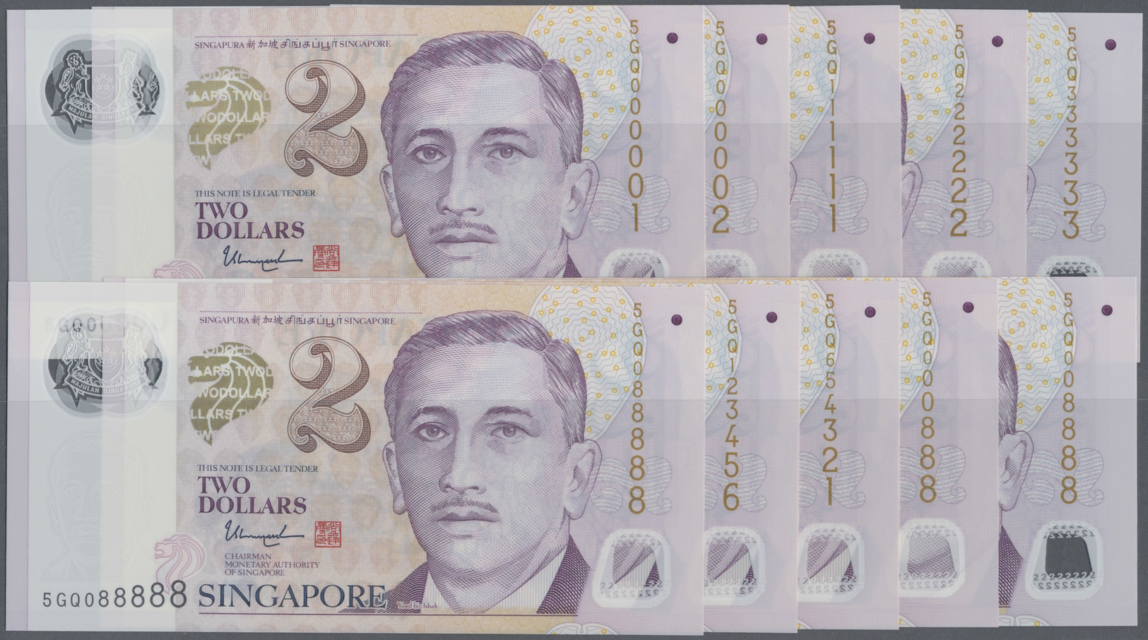 03565 Singapore / Singapur: Set Of 25 Pcs 2 Dollars ND(1999) P. 38, All With Special Numbers, Very Rare, Containing #5GQ - Singapour