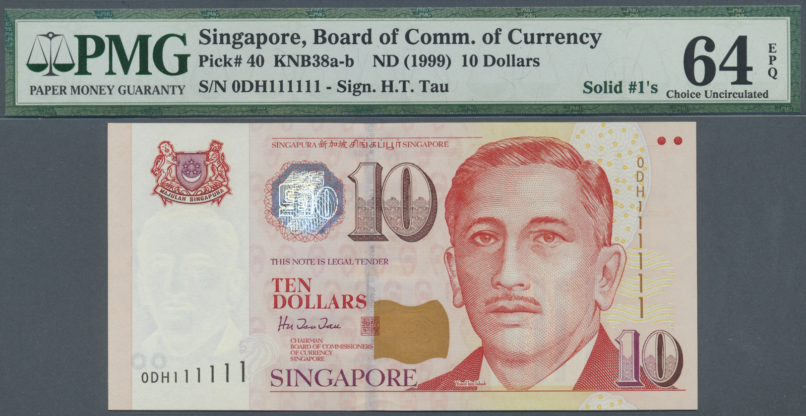 03566 Singapore / Singapur: Large And Rare Set Of 10 Pcs 10 Dollars ND(1999) P. 40, All With Special Numbers And All PMG - Singapour