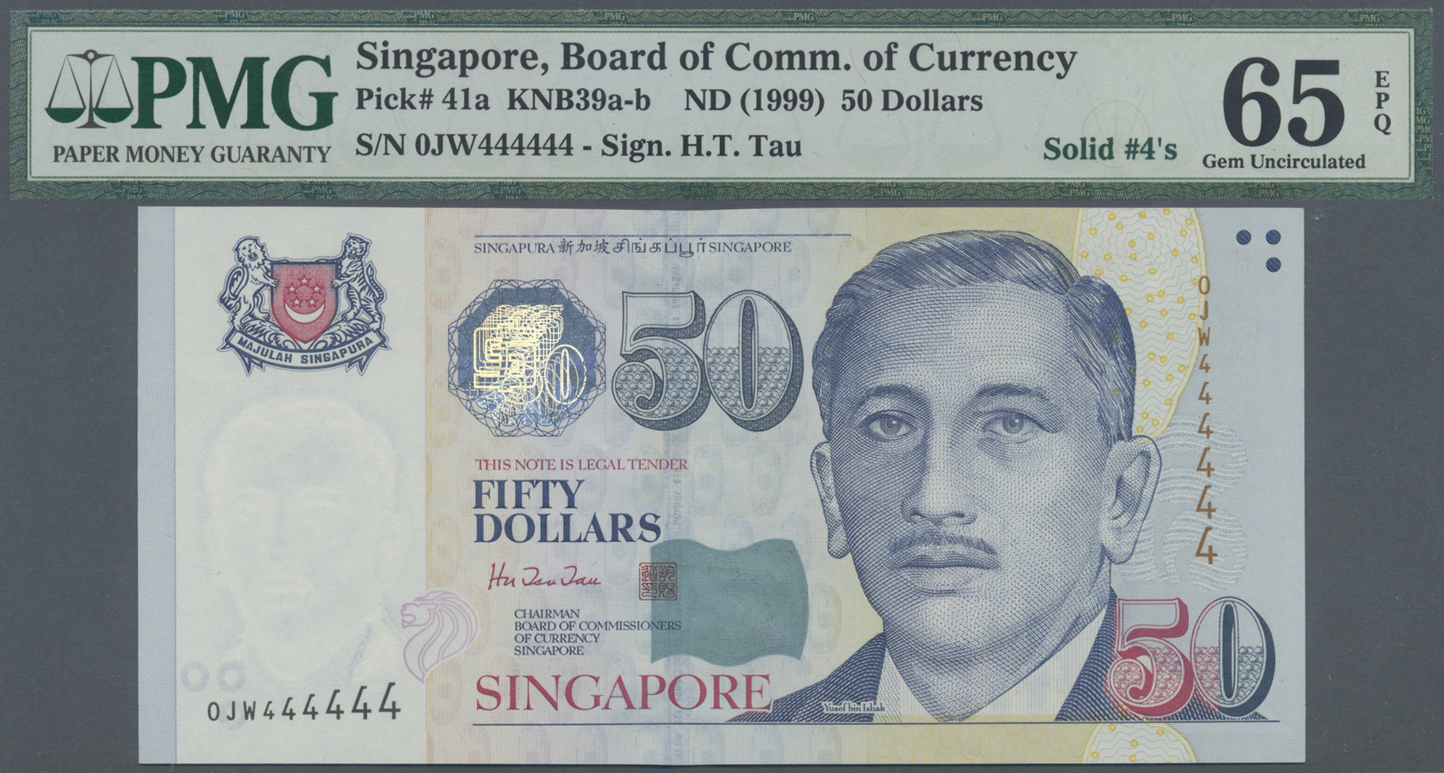 03567 Singapore / Singapur: 50 Dollars ND(1999) P. 41a With Special Serial Number 0JW444444, PMG Graded 65 Gem UNC EPQ. - Singapour