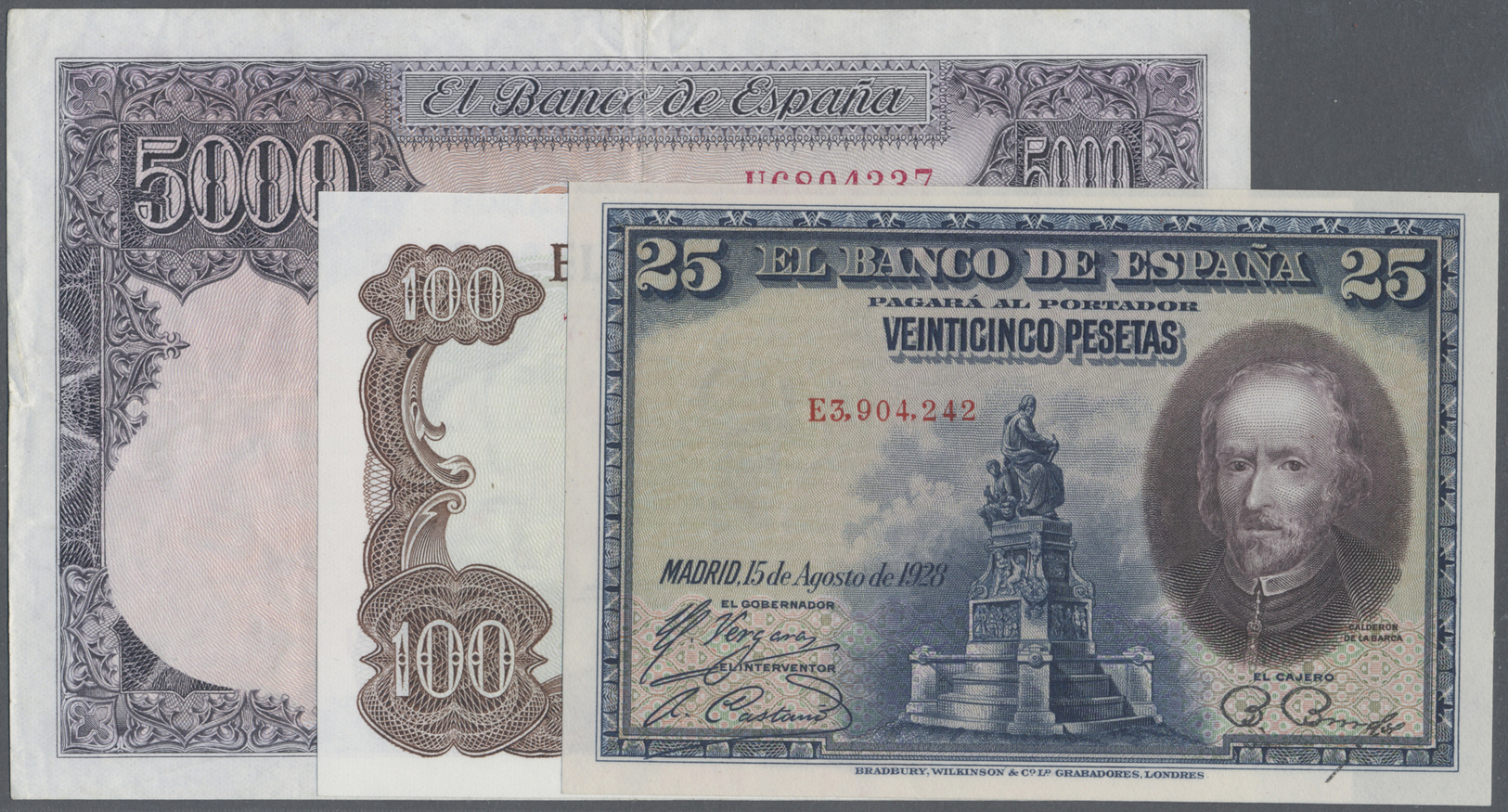 03569 Spain / Spanien: Set Of 3 Notes Containing 25 Pesetas 1928 (UNC), 500 Pesetas 1976 (F-) And 100 Pesetas 1970 (UNC) - Autres & Non Classés