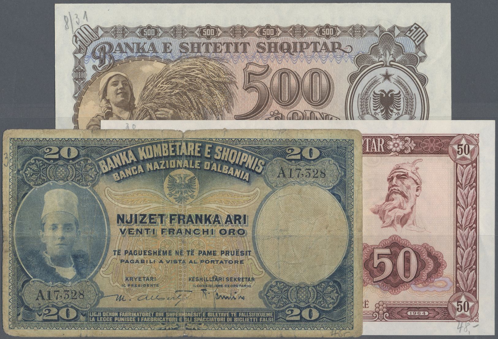 03602 Albania / Albanien: Set With 20 Banknotes From The 1920's Till The 1950's Comprising For Example 20 Franka Ari 192 - Albanie
