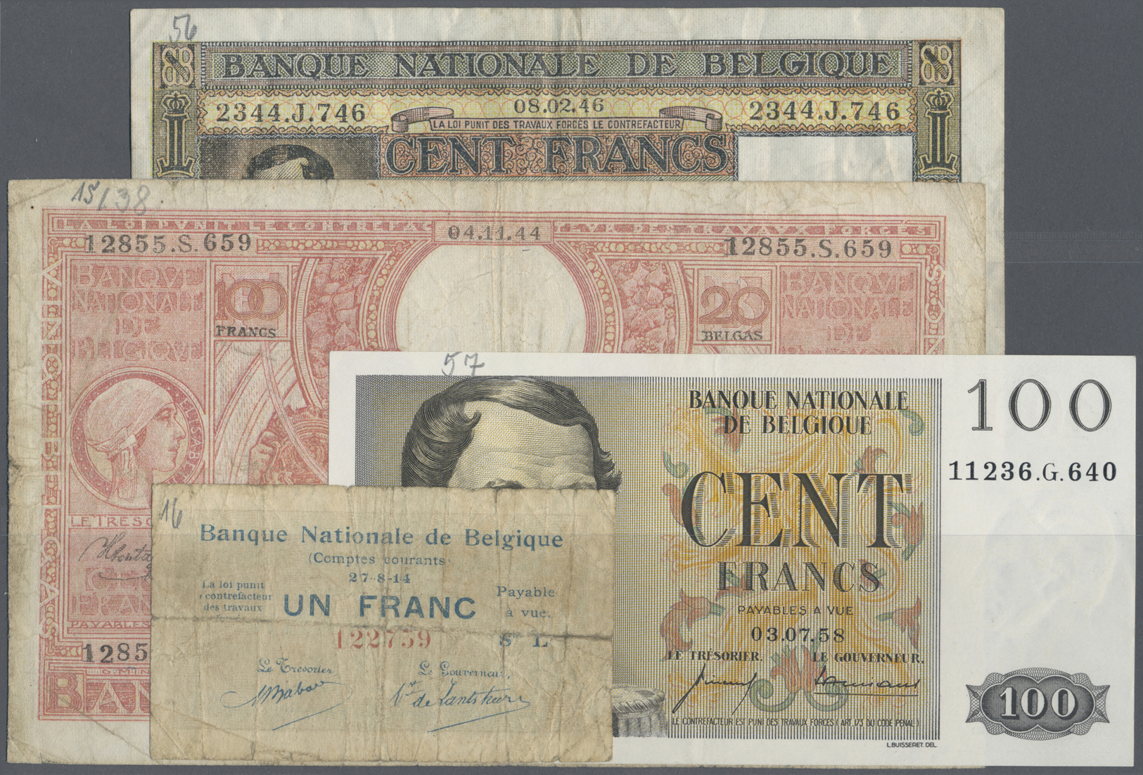 03619 Belgium / Belgien: Set With 36 Banknotes From 1914 Till 1960's Comprising For Example 1 Franc 1914, 100 Francs = 2 - [ 1] …-1830 : Before Independence