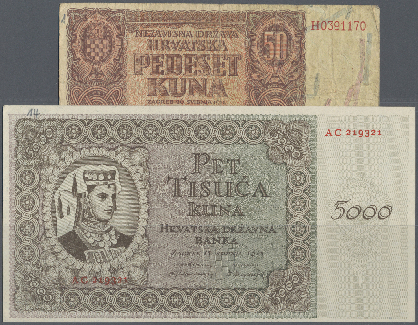 03644 Croatia / Kroatien: Set With 10 Banknotes Of The Independent State Of Croatia During 1941-1944 From 1 To 5000 Kuna - Croatie