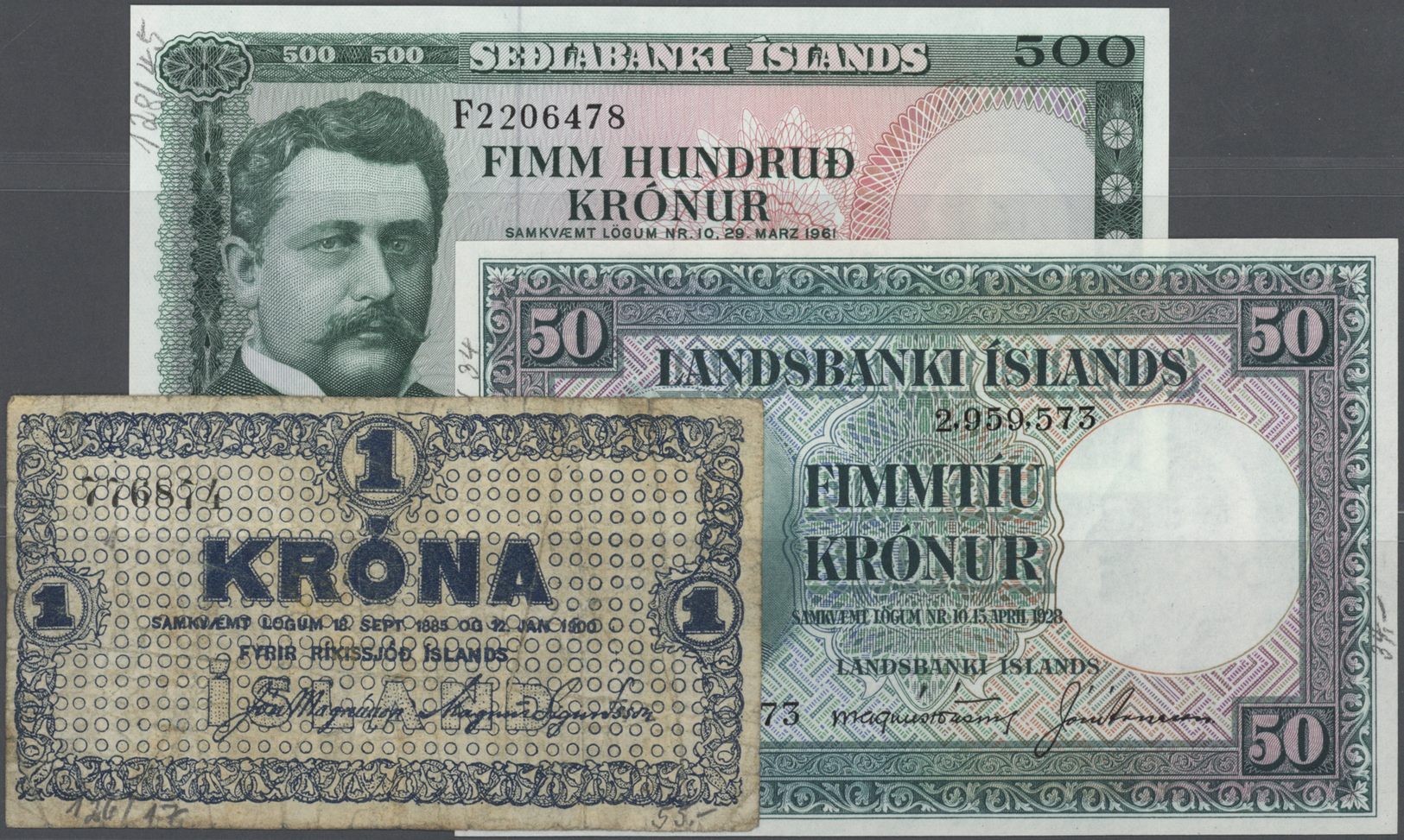 03673 Iceland / Island: Set With 14 Banknotes From The 1920's Up To The 1960' With 1 Krona ND(1921) P.18 (F-), 50 Kronur - Islande