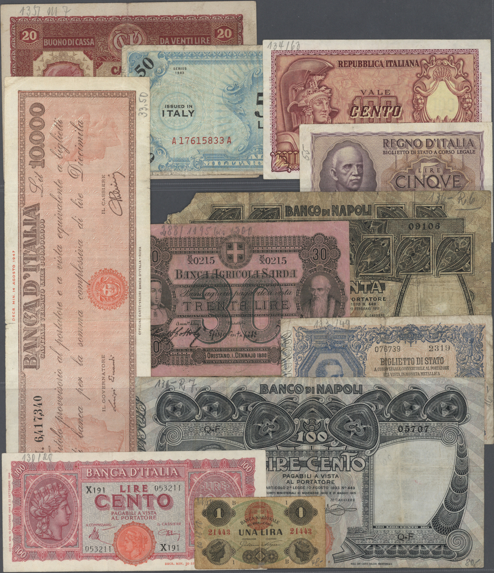 03685 Italy / Italien: Huge Set With 60 Banknotes Italy With A Lot Of Notes From All Periods For Example 10 Lire Bigliet - Autres & Non Classés