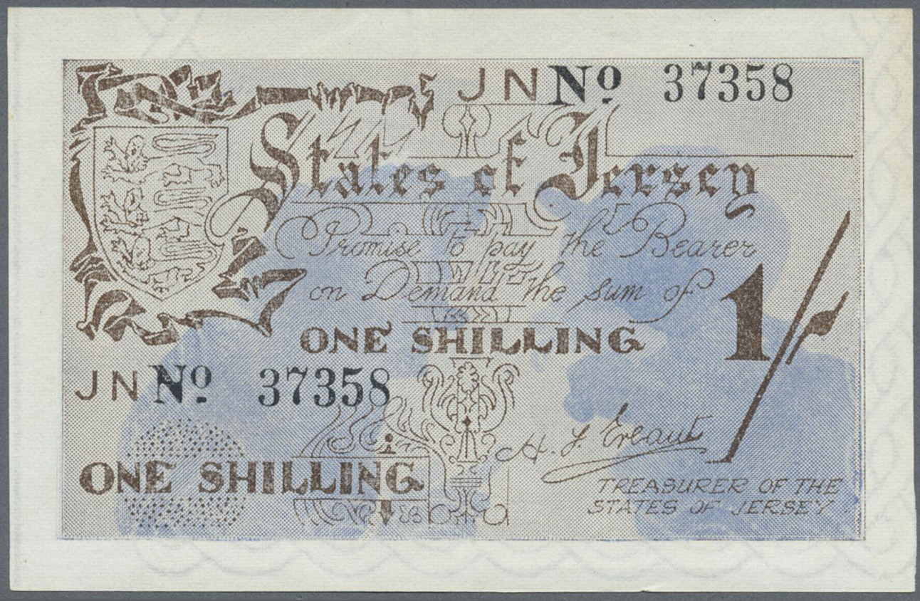 03686 Jersey: Pair Of The 1 Shilling ND(1941-42) Issued Under German Occupation In WW II, P.2, One Time In Excellent Con - Autres & Non Classés