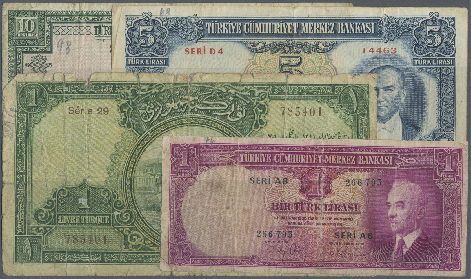 03738 Turkey / Türkei: Set With 13 Banknotes Turkish Republic, Starting With The 1 Livre 1926 (P.119), 5 Lirasi 1930's ( - Turquie