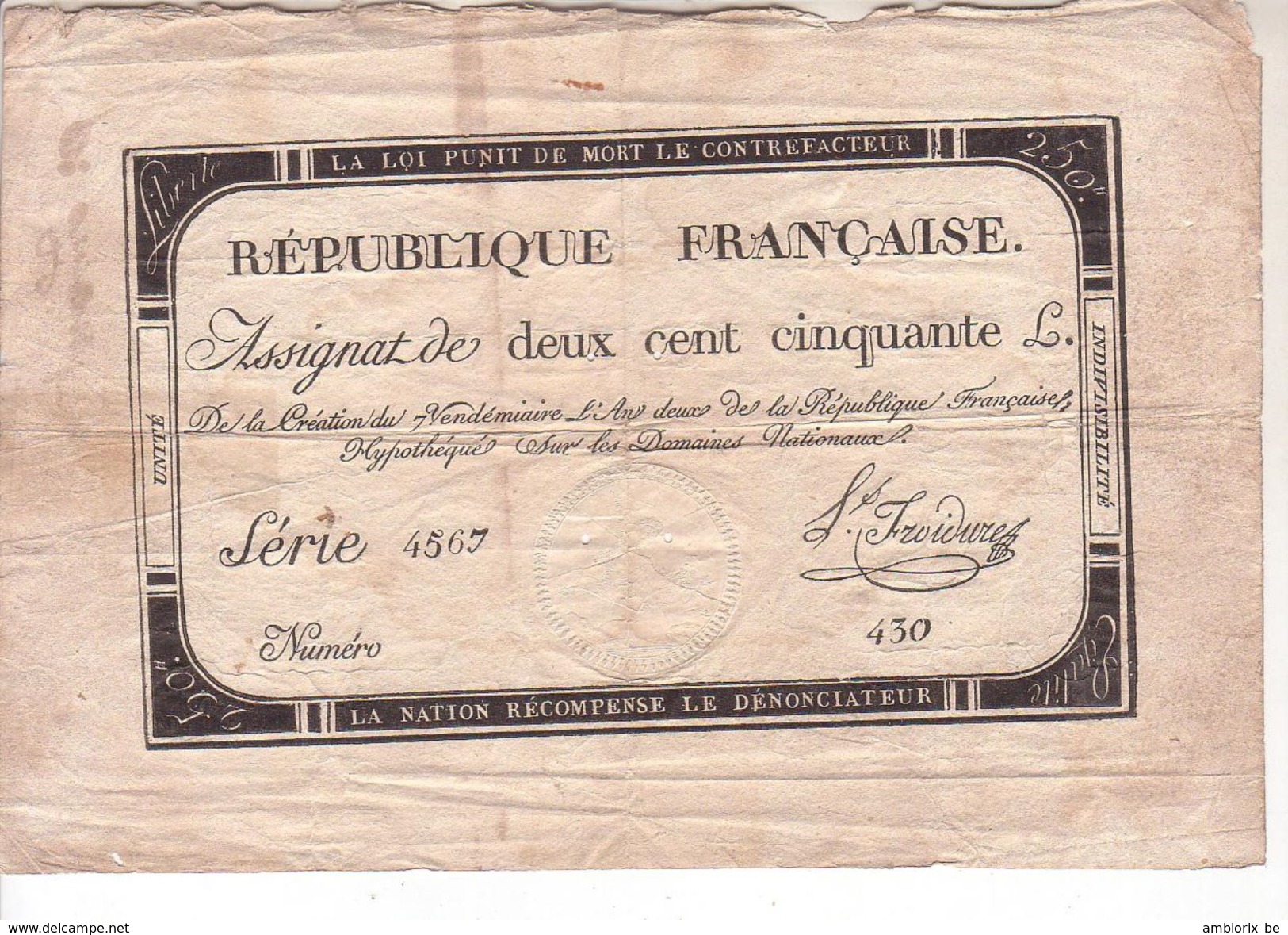 Assignat De Deux Cent Cinquante Louis -  7 Vendémiaire De L'an 2 De La République FrançaiseAssignat - Assignats & Mandats Territoriaux