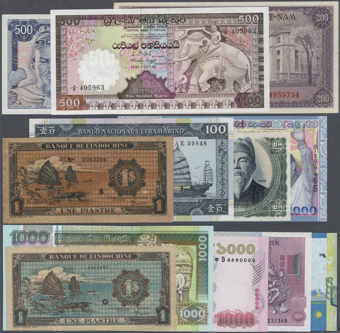 03780 Alle Welt: Set Of 43 Mostly Different Banknotes Asia Containing Countries Like Ceylon, South Vietnam, Macau, Kazak - Autres & Non Classés