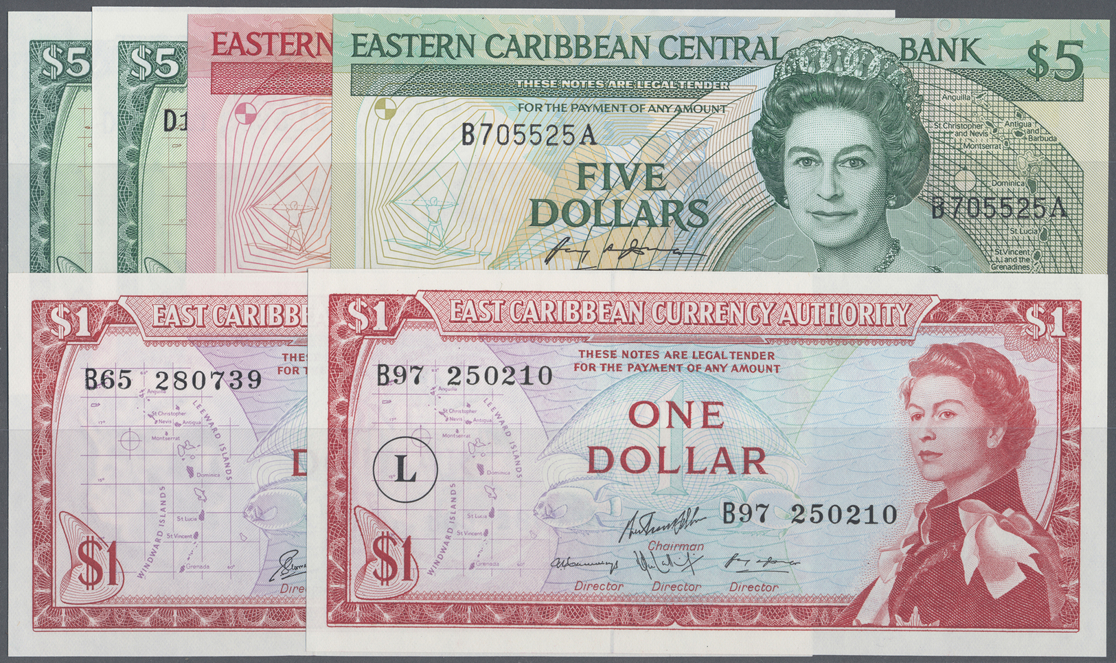 03799 Alle Welt: Nice Carribean Collection With 6 Banknotes In UNC Condition Comprising ECS 1 And 2 X 5 Dollars ND(1965) - Autres & Non Classés