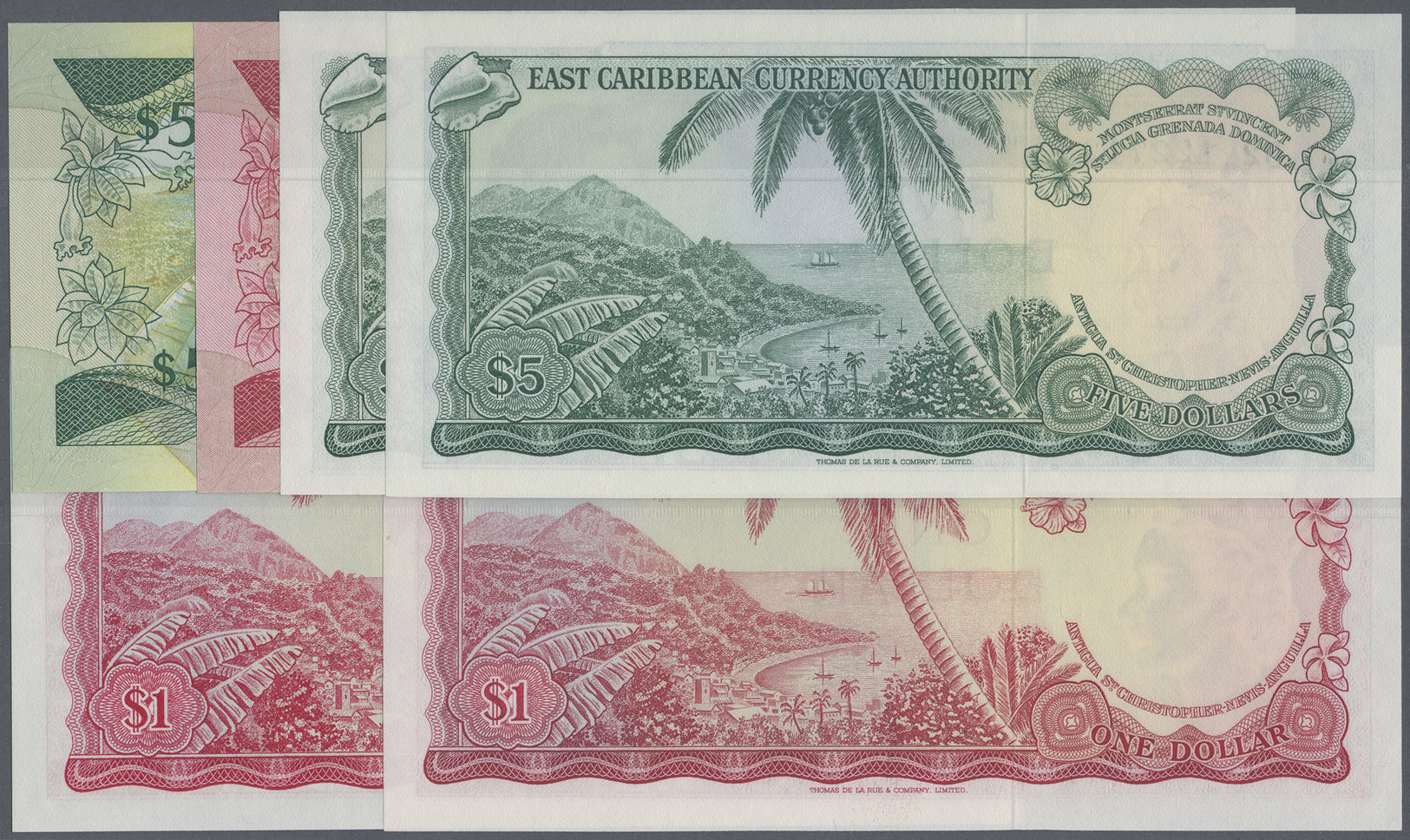 03799 Alle Welt: Nice Carribean Collection With 6 Banknotes In UNC Condition Comprising ECS 1 And 2 X 5 Dollars ND(1965) - Autres & Non Classés