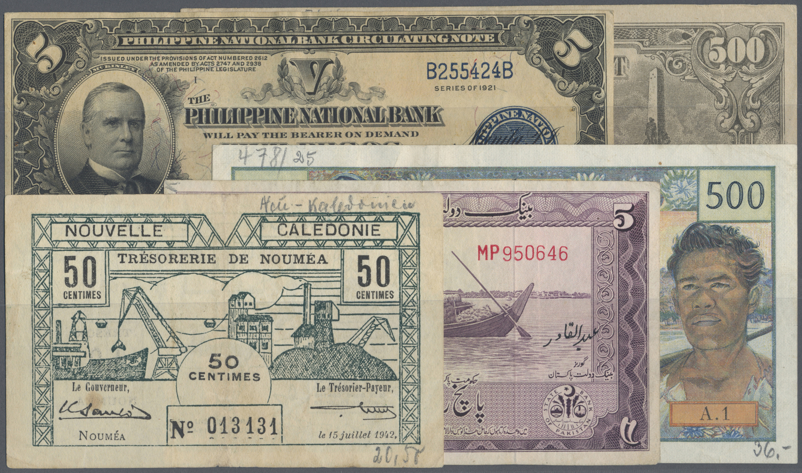 03801 Alle Welt: Small Collection With 20 Banknotes From Oman, Pakistan, New Caledonia And The Philippines Containing Fo - Autres & Non Classés