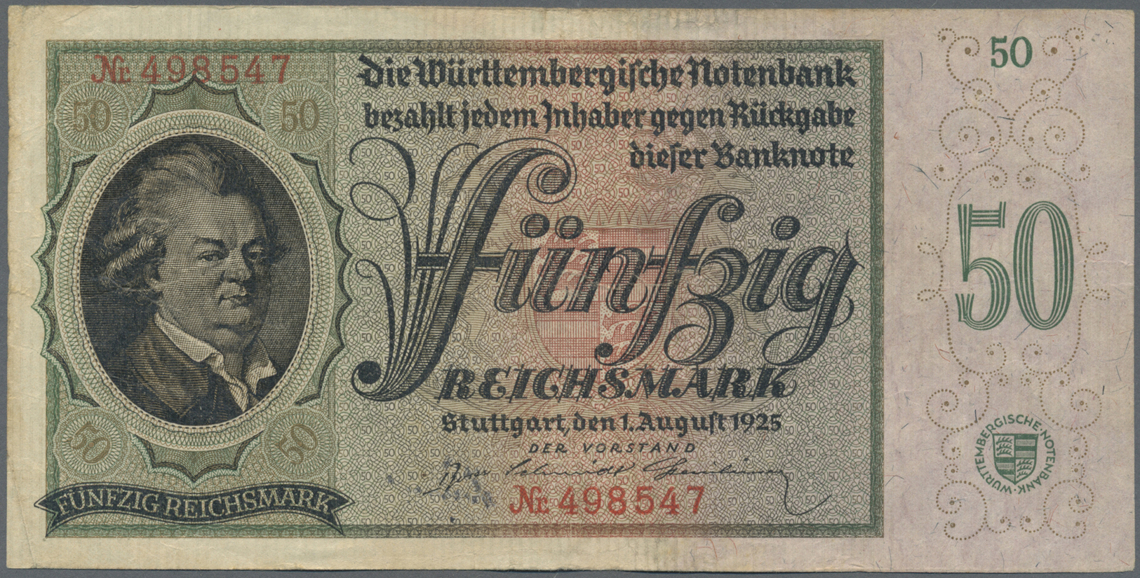 04005 Deutschland - Altdeutsche Staaten: Württemberg: Württembergische Notenbank, 50 Reichsmark, 1. August 1925, Ro.WTB - [ 1] …-1871 : Etats Allemands