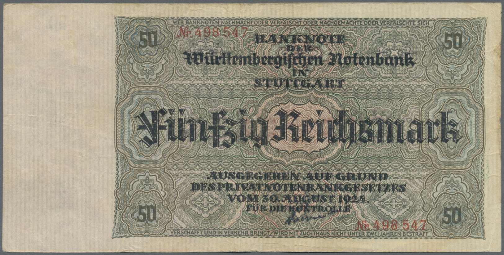 04005 Deutschland - Altdeutsche Staaten: Württemberg: Württembergische Notenbank, 50 Reichsmark, 1. August 1925, Ro.WTB - [ 1] …-1871 : Etats Allemands