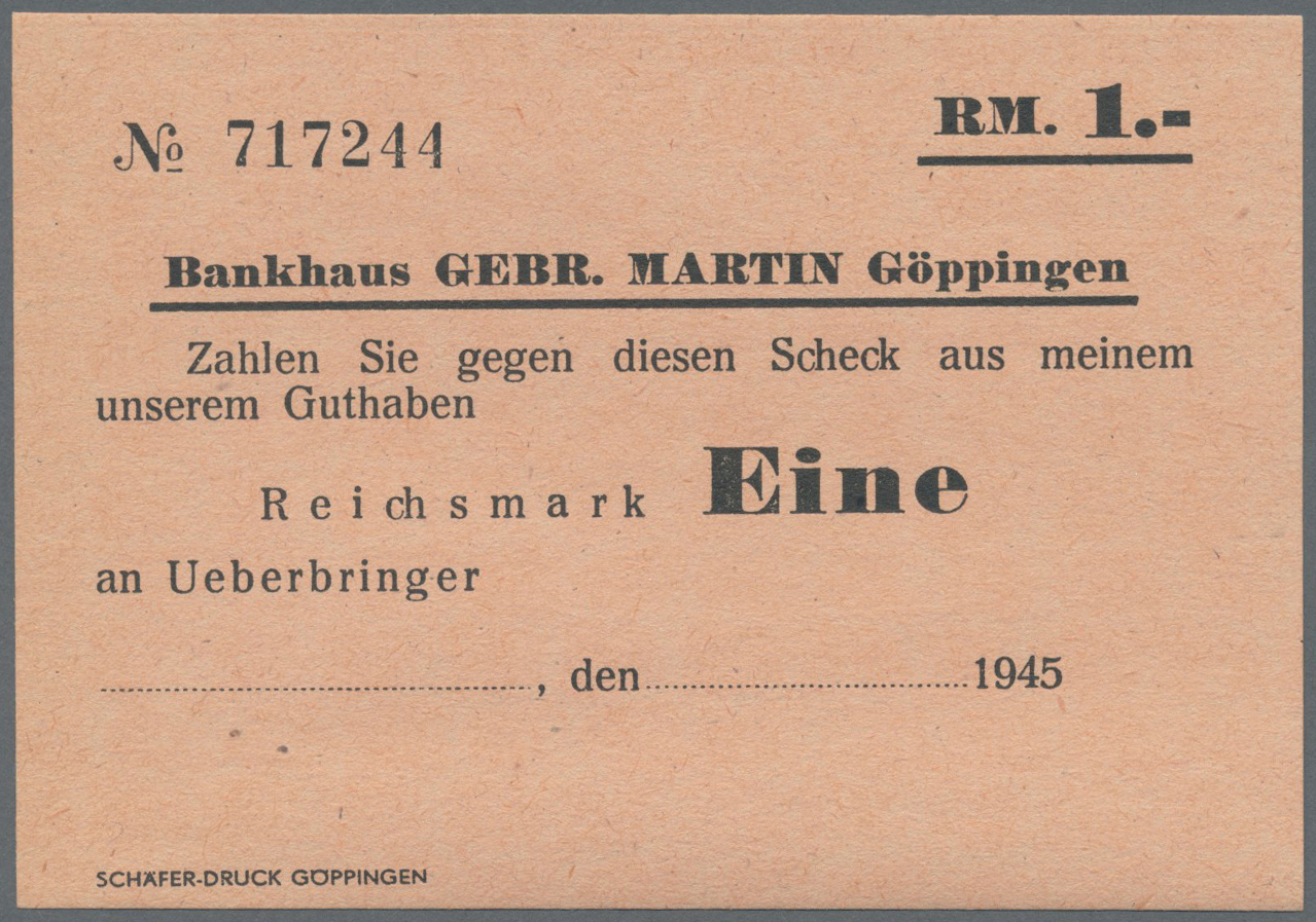04013 Deutschland - Alliierte Miltärbehörde + Ausgaben 1945-1948: Göppingen, Bankhaus Gebr. Martin, 4 Eigenschecks über