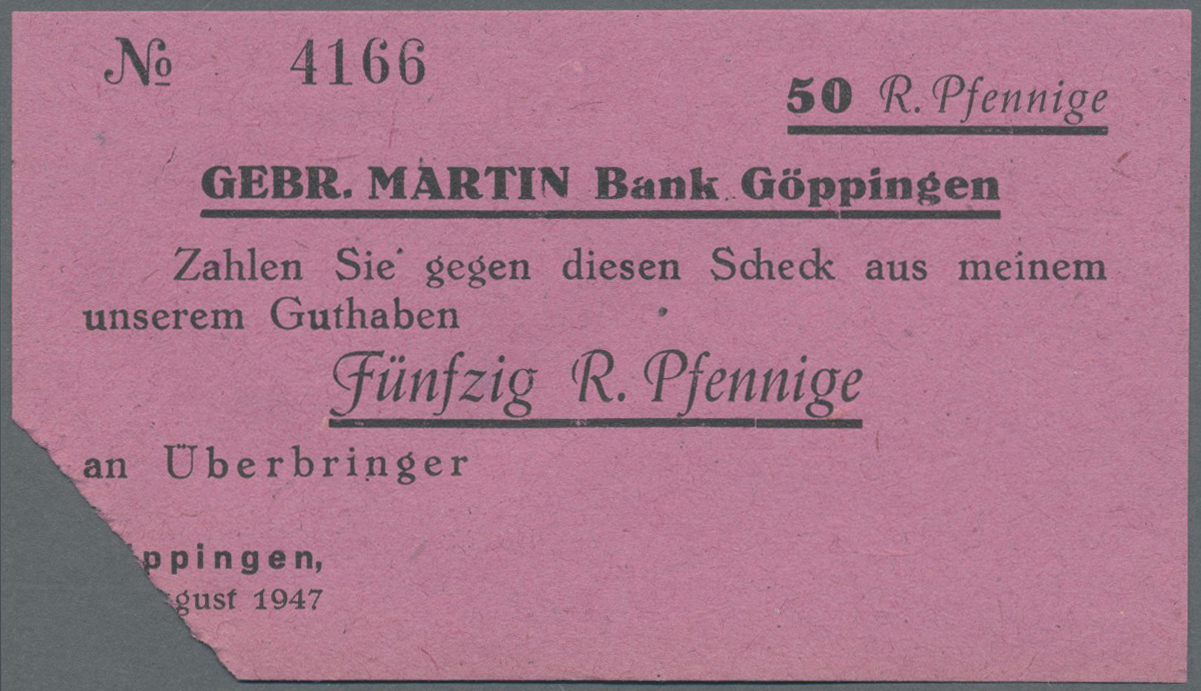 04013 Deutschland - Alliierte Miltärbehörde + Ausgaben 1945-1948: Göppingen, Bankhaus Gebr. Martin, 4 Eigenschecks über