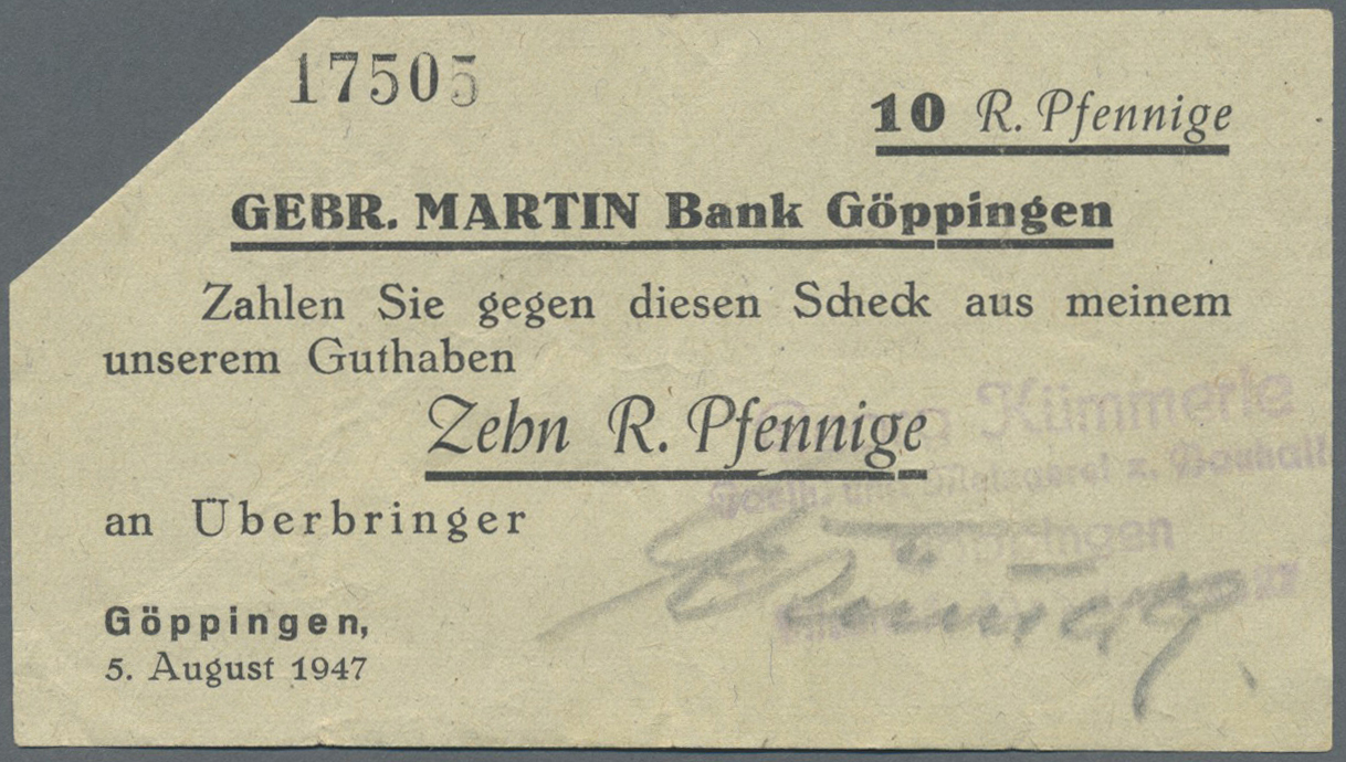 04014 Deutschland - Alliierte Miltärbehörde + Ausgaben 1945-1948: Göppingen, Bankhaus Gebr. Martin, Inhaberscheck über 5 - Autres & Non Classés