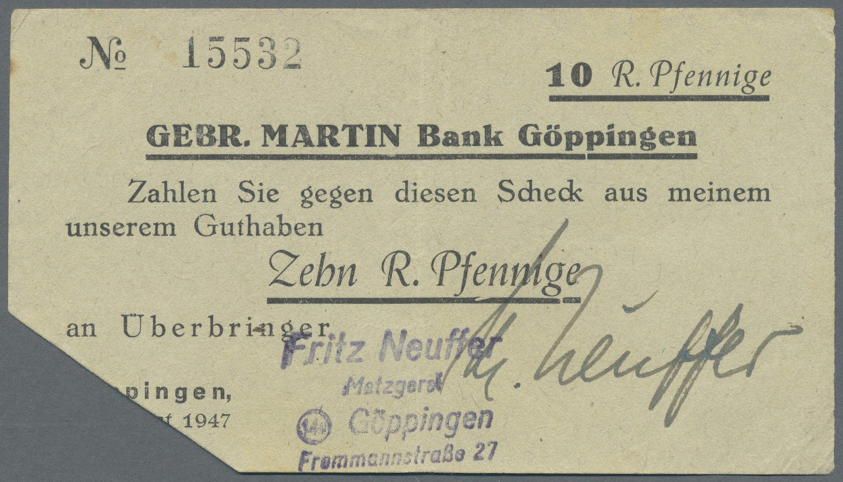 04014 Deutschland - Alliierte Miltärbehörde + Ausgaben 1945-1948: Göppingen, Bankhaus Gebr. Martin, Inhaberscheck über 5 - Autres & Non Classés