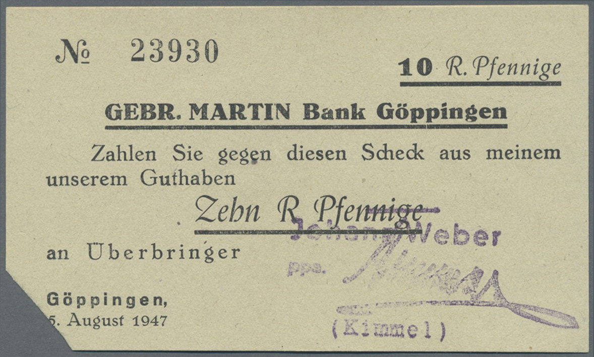 04014 Deutschland - Alliierte Miltärbehörde + Ausgaben 1945-1948: Göppingen, Bankhaus Gebr. Martin, Inhaberscheck über 5