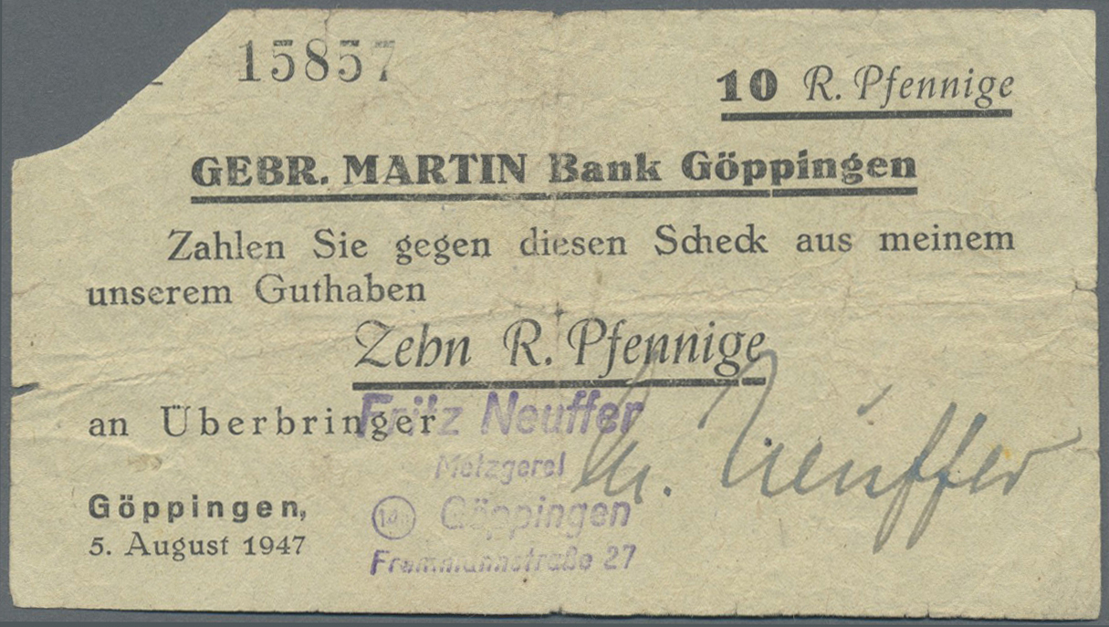04014 Deutschland - Alliierte Miltärbehörde + Ausgaben 1945-1948: Göppingen, Bankhaus Gebr. Martin, Inhaberscheck über 5