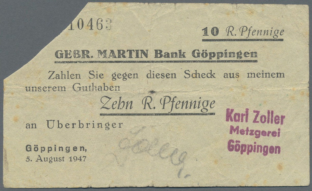 04014 Deutschland - Alliierte Miltärbehörde + Ausgaben 1945-1948: Göppingen, Bankhaus Gebr. Martin, Inhaberscheck über 5