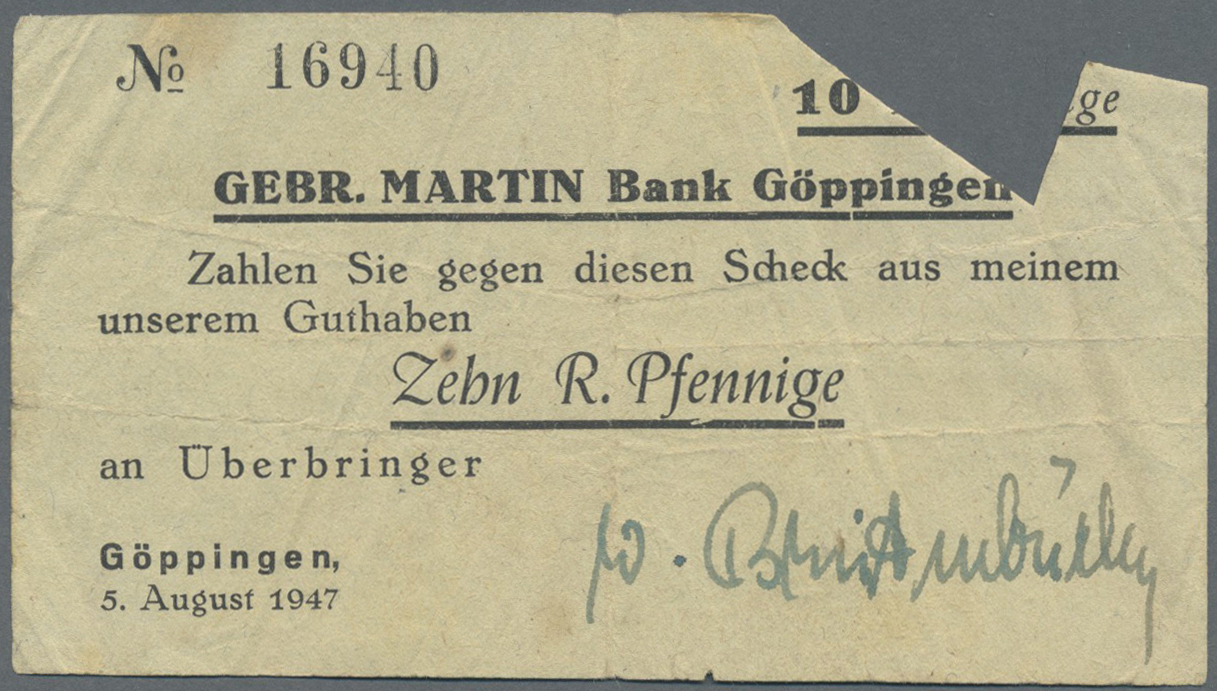 04014 Deutschland - Alliierte Miltärbehörde + Ausgaben 1945-1948: Göppingen, Bankhaus Gebr. Martin, Inhaberscheck über 5