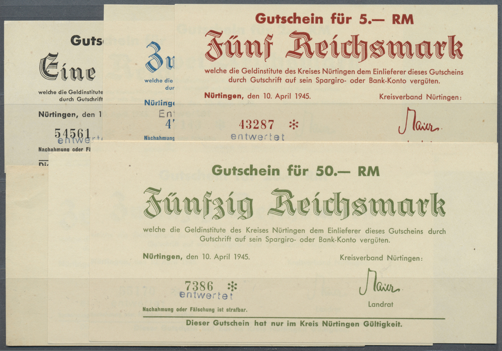 04015 Deutschland - Alliierte Miltärbehörde + Ausgaben 1945-1948: Nürtingen, Kreisverband, 1, 2, 5, 10, 20, 50 RM, 10.4. - Autres & Non Classés