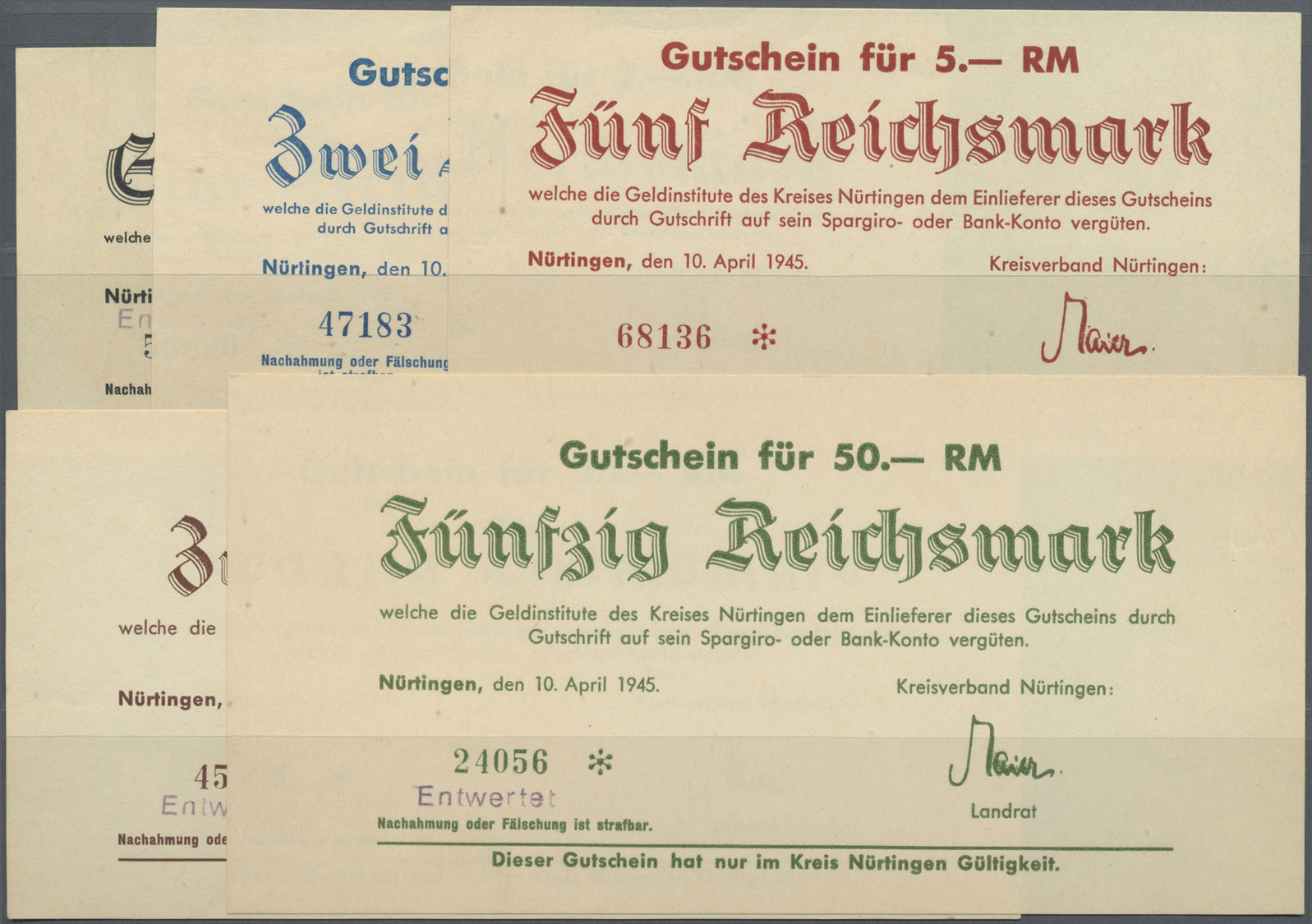 04016 Deutschland - Alliierte Miltärbehörde + Ausgaben 1945-1948: Nürtingen, Kreisverband, 1, 2, 5, 20, 50 RM, 10.4.1945 - Otros & Sin Clasificación