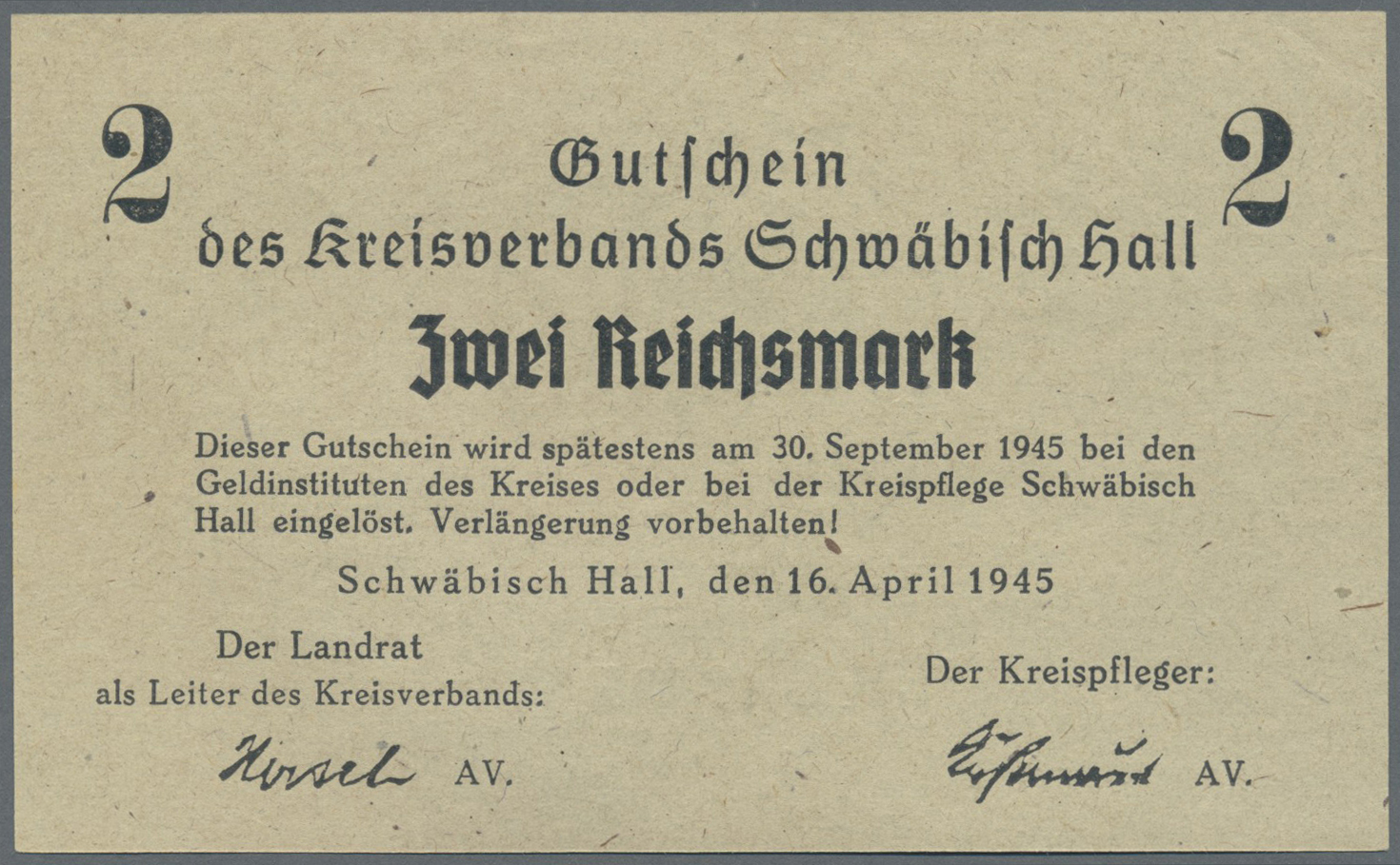 04020 Deutschland - Alliierte Miltärbehörde + Ausgaben 1945-1948: Schwäbisch Hall, 16. April 1945, Gutscheine Des Kreisv - Autres & Non Classés