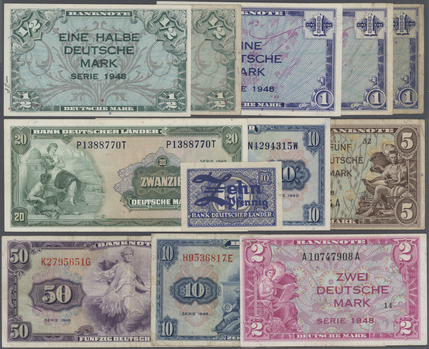 04023 Deutschland - Bank Deutscher Länder + Bundesrepublik Deutschland: Lot Mit 12 Banknoten, Dabei 1/2 DM 1948 Und 1/2 - Autres & Non Classés